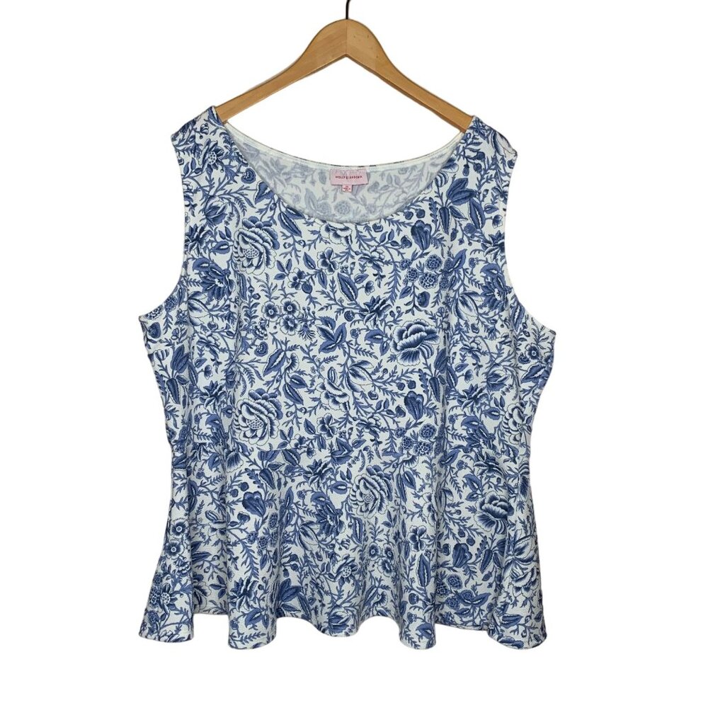 Molly Isadora Peplum Top Sleeveless Blouse Blue White Floral Women's Size 3XL